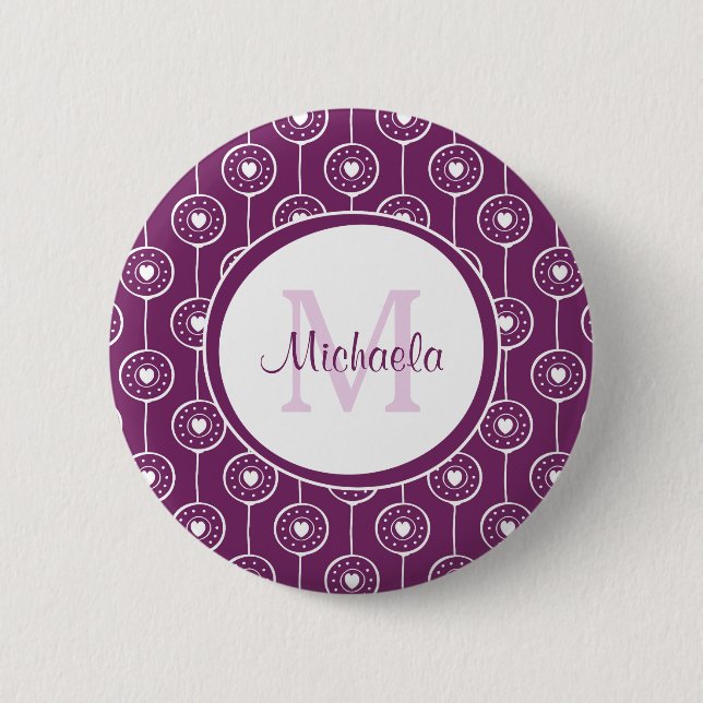 Stilvolles Monogramm für Lila und weiße Herzen mit Button (Vorderseite)