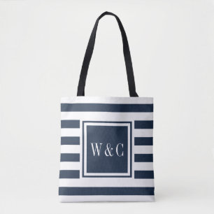 Stilvolles Monogramm Navy Blau Weiße Streifen Tasche