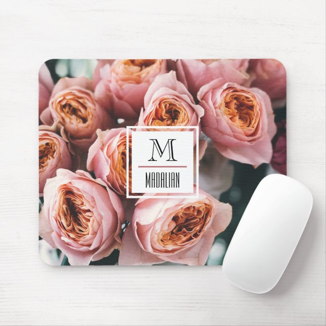 Stilvolles monogramm rosa rosa, modernes, blumenge mousepad (Mit Mouse)
