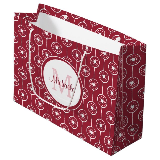 Stilvolles Monogramm Rotes und Weißes Herz mit Nam Große Geschenktüte (Vorderseite Schrägansicht)