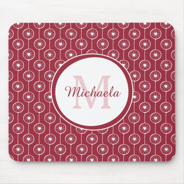 Stilvolles Monogramm Rotes und Weißes Herz mit Nam Mousepad (Vorne)