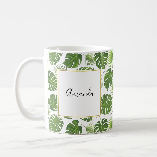 Stilvolles Muster für grüne tropische Blätter Kaffeetasse (Links)