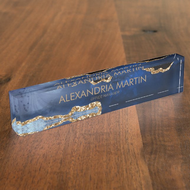 Stilvolles New Navy Blue Gold Glitzer Office Namensplakette (Seite)