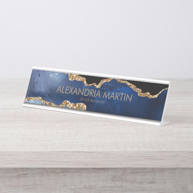 Stilvolles New Navy Blue Gold Glitzer Office Schreibtischnamensplakette (Vorderseite )