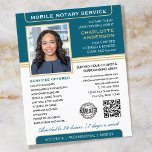 Stilvolles Notary Service Foto Aquamarin Gold Flyer<br><div class="desc">Mit diesen klassischen "Mobile Notary Service" Business Flyern können Sie mehr Kunden gewinnen. Eine stilvolle Vorlage, die mit Ihrem Foto, Namen, Details, QR-Code und einem Logo oder Akkreditierungssymbol personalisiert ist. Alle Texte und Bilder können angepasst oder gelöscht werden, sodass Sie die gewollt Informationen einschließen können. Fügen Sie einfach Ihre Web-URL...</div>