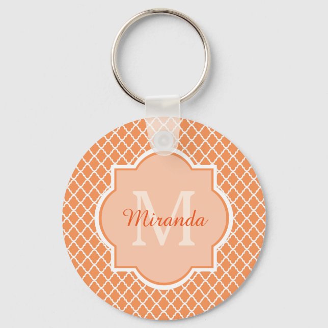 Stilvolles Orange Quatrefolienmonogramm mit Name Schlüsselanhänger (Vorderseite)