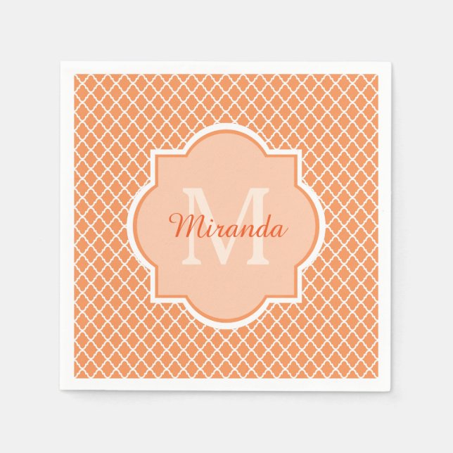 Stilvolles Orange Quatrefolienmonogramm mit Name Serviette (Vorderseite)