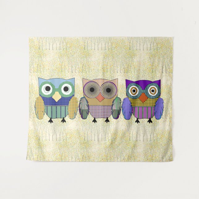 Stilvolles Owl Trio Wandteppich (Vorderseite (Horizontal))