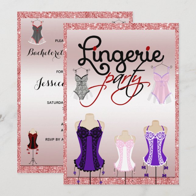 Stilvolles Party Glitzy Bachelorette Lingerie Einladung (Vorne/Hinten)