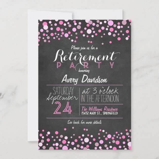 Stilvolles pink Retro Chalkboard Retirement Party Einladung (Vorderseite)