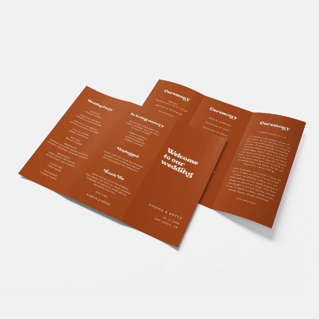 Stilvolles Retro-Burnt Orange-Hochzeitsprogramm Flyer (Von Creator hochgeladen)