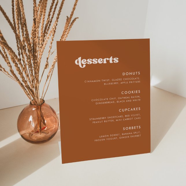 Stilvolles Retro Burnt Orange Wedding Dessert Bar Sockelschild (Von Creator hochgeladen)