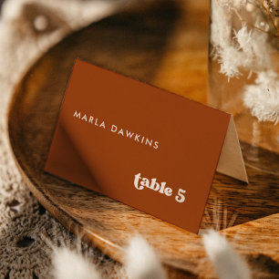 Stilvolles Retro Burnt Orange Wedding Platzkarte Tischnummer
