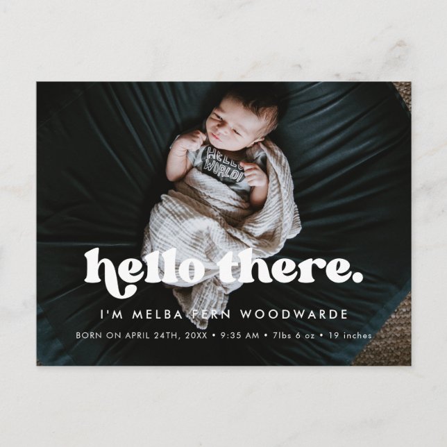 Stilvolles Retro Hello Baby Foto Geburtshinweis Postkarte (Vorderseite)
