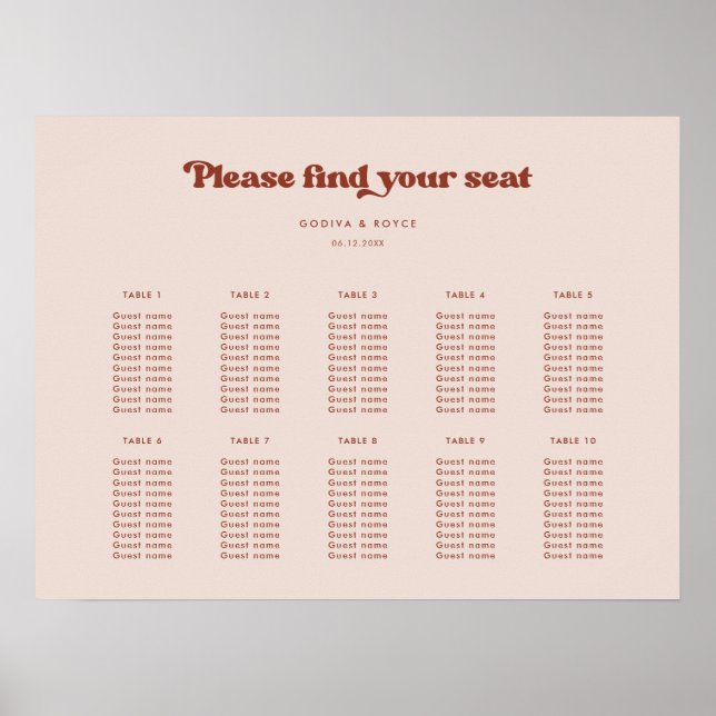Stilvolles Retro Peach Pink Wedding Chart Poster (Vorne)
