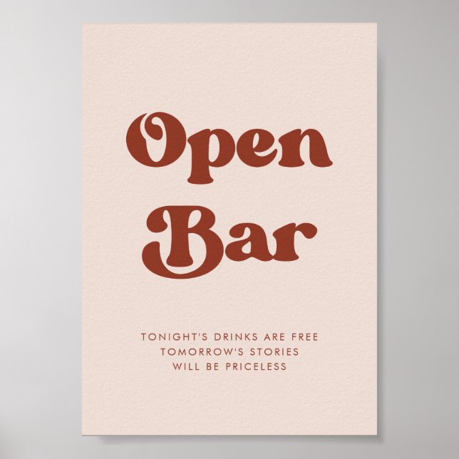 Stilvolles Retro Peach Pink Wedding Open Bar sign Poster (Vorne)