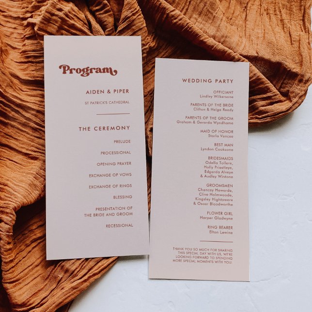 Stilvolles Retro-Pfirsichrosa Hochzeitsprogramm Programm (Von Creator hochgeladen)