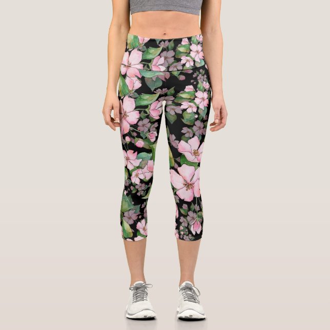 Stilvolles rosa Aquarell Floral Modernes Chic Must Capri Leggings (Vorderseite)