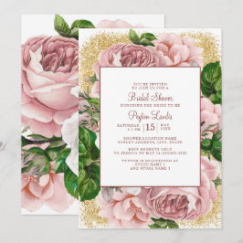 Stilvolles Rosa Blume Gold Glitzer Brautparty Einladung