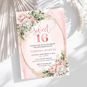 Stilvolles Rosa Florales Grün Sweet Sixteen Einladung