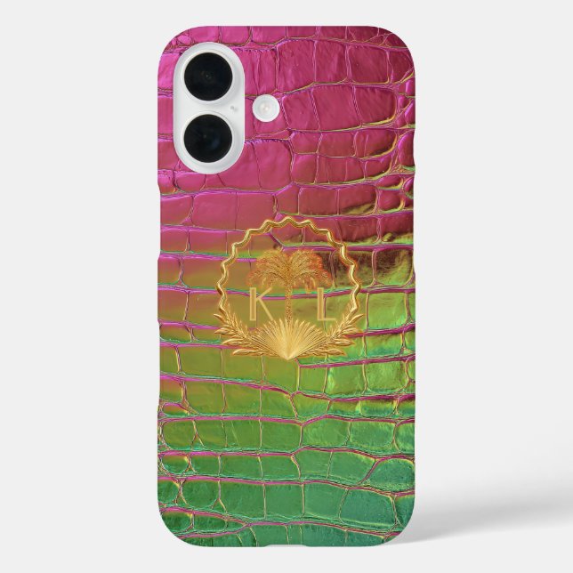 Stilvolles Rosa Grün Irisierendes Croc Monogramm iPhone 16 Hülle (Rückseite)
