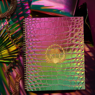 Stilvolles Rosa Grün Irisierendes Croc Monogramm Notizbuch