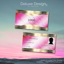 Stilvolles Rosa-Marmor-Gold-Border-Logo und Foto Visitenkarte