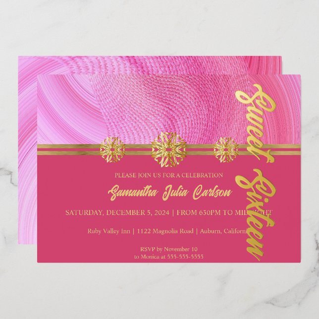 Stilvolles Rosa Sweet 16 Einladung (Vorderseite/Rückseite)