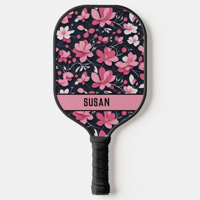 Stilvolles rosa und schwarzes Blumenmuster/Individ Pickleball Schläger (Vorderseite)