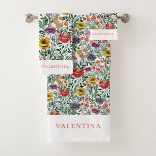 Stilvolles rosafarbenes, dunkles Blumenmuster Badhandtuch Set