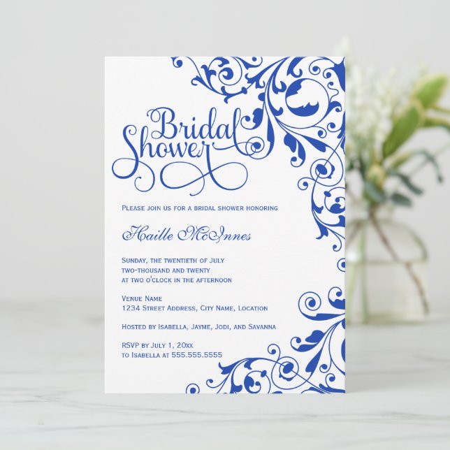 Stilvolles Royal Blue Wirbel Brautparty Einladung (Stehend Vorderseite)
