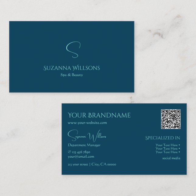 Stilvolles Schlichtes Ocean Blue mit Monogram und  Visitenkarte (Vorne/Hinten)