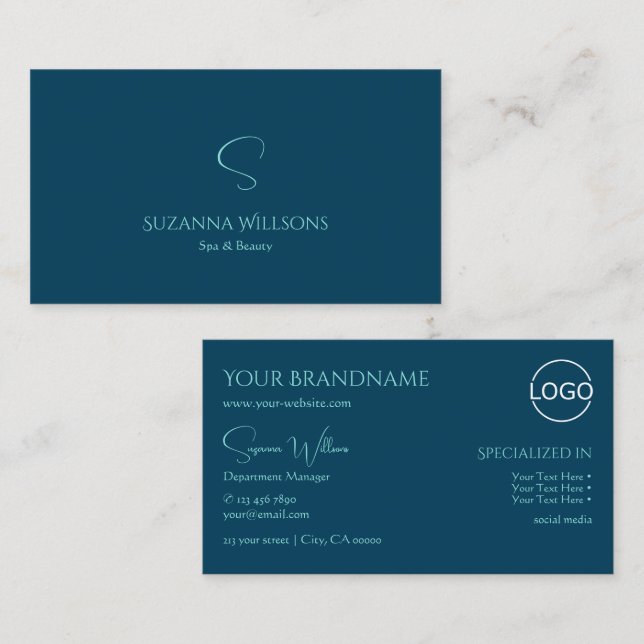 Stilvolles Schlichtes Ocean Blue mit Monogram und  Visitenkarte (Vorne/Hinten)