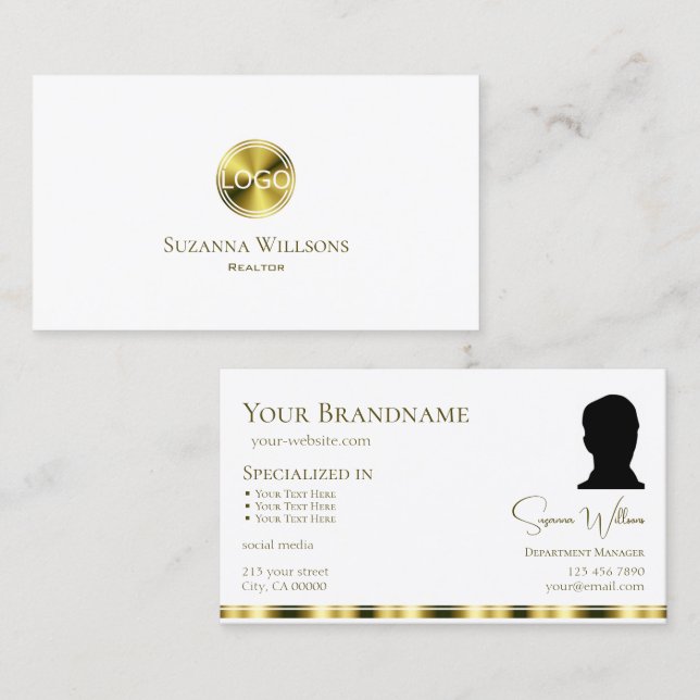 Stilvolles Schlichtes Weißgold mit Logo und Foto C Visitenkarte (Vorne/Hinten)