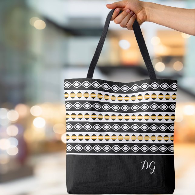 Stilvolles Schwarz-Gelb-Weiß-geometrisches Muster Tasche (Stylish Custom Monogrammed Initials Ornamental Black White Yellow Pattern Geometric Canvas Tote Bag)