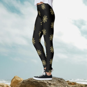 Stilvolles Schwarz-Gold-Glitzer-Snowflake-Muster Leggings