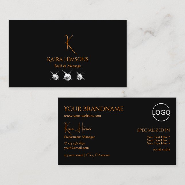 Stilvolles Schwarz mit Monogram Logo und Juwelen M Visitenkarte (Vorne/Hinten)