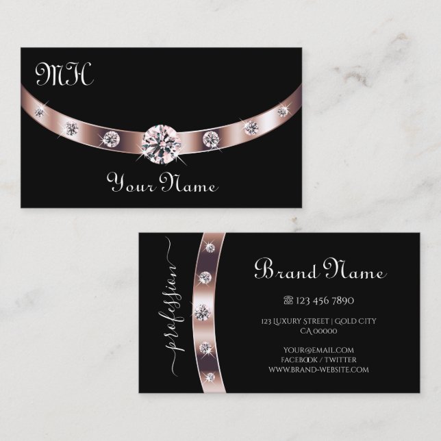 Stilvolles Schwarz-Rose-Gold mit Monogram-Elegant Visitenkarte (Vorne/Hinten)