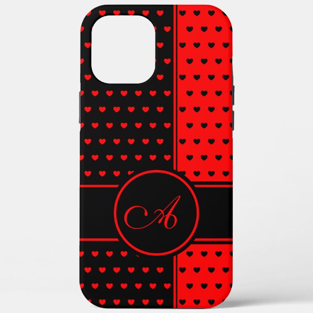 Stilvolles Schwarz-Rot-Herz-Muster, Monogramm Case-Mate iPhone Hülle (Rückseite)