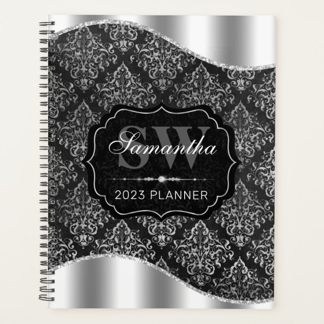 Stilvolles Schwarz-Silber-Damassom Planer (Vorderseite)