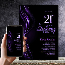 Stilvolles Schwarz und Lila 21. GeburtstagsParty Einladung