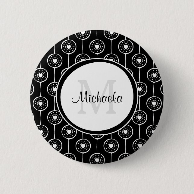 Stilvolles Schwarz-Weiß-Herz-Monogramm mit Name Button (Vorderseite)