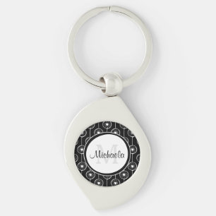 Stilvolles Schwarz-Weiß-Herz-Monogramm mit Name Schlüsselanhänger