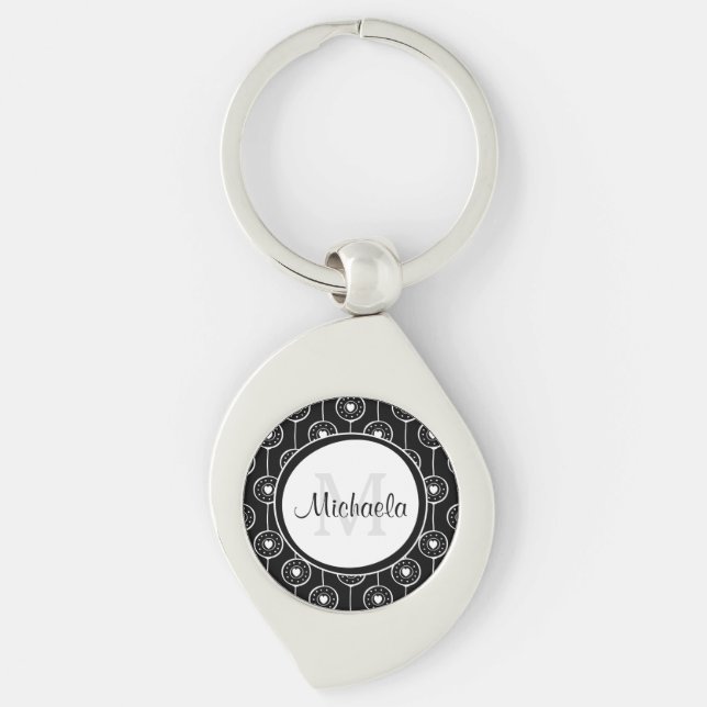 Stilvolles Schwarz-Weiß-Herz-Monogramm mit Name Schlüsselanhänger (Vorderseite)