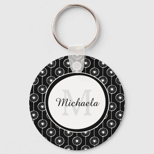 Stilvolles Schwarz-Weiß-Herz-Monogramm mit Name Schlüsselanhänger (Vorderseite)