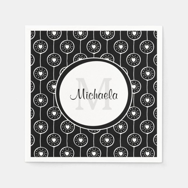 Stilvolles Schwarz-Weiß-Herz-Monogramm mit Name Serviette (Vorderseite)