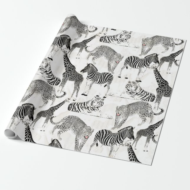 Stilvolles Schwarz-Weiß-Jungle-Tiermuster Geschenkpapier (Ungerollt)