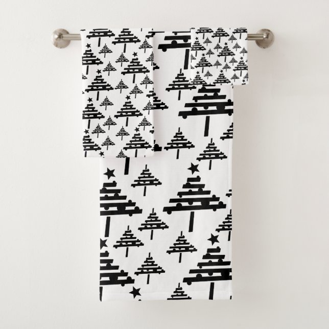 Stilvolles Schwarz-Weiß-Weihnachtsbaummuster Badhandtuch Set (Insitu)