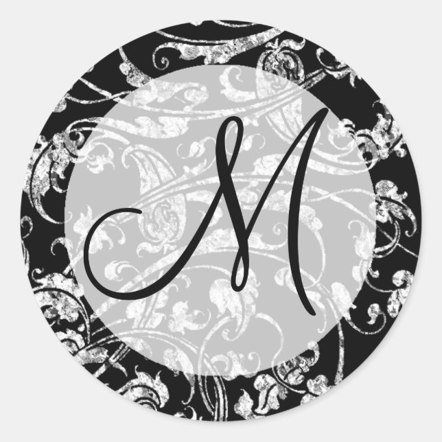 Stilvolles Schwarz-weißes Wedding Damask Monogram  Runder Aufkleber (Vorderseite)