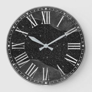 Stilvolles schwarzes Glitter und silbernes florale Große Wanduhr